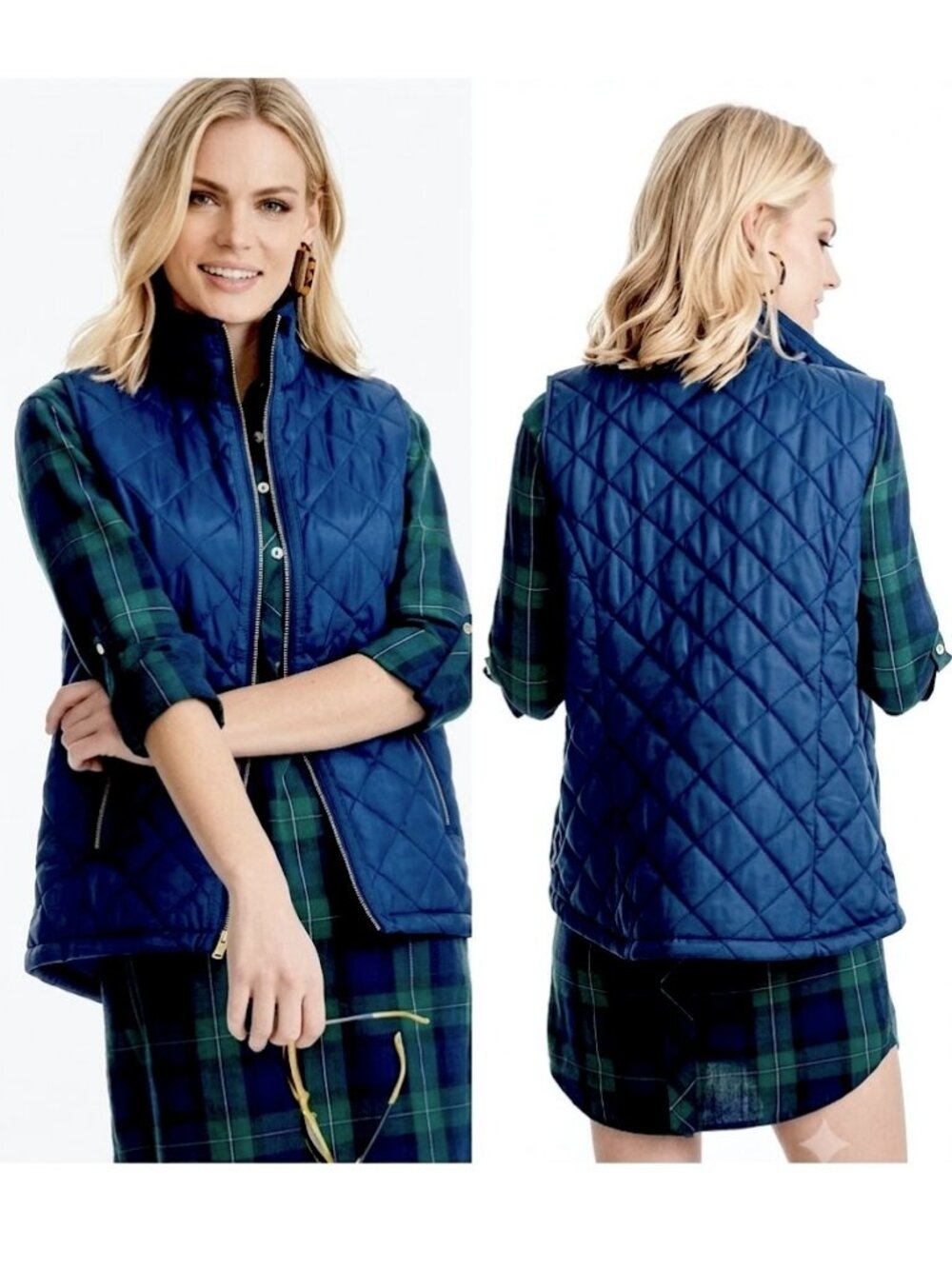 Southern Tide Women's Quilted Mock Neck Full Zip Blue Puffer Vest Size Small